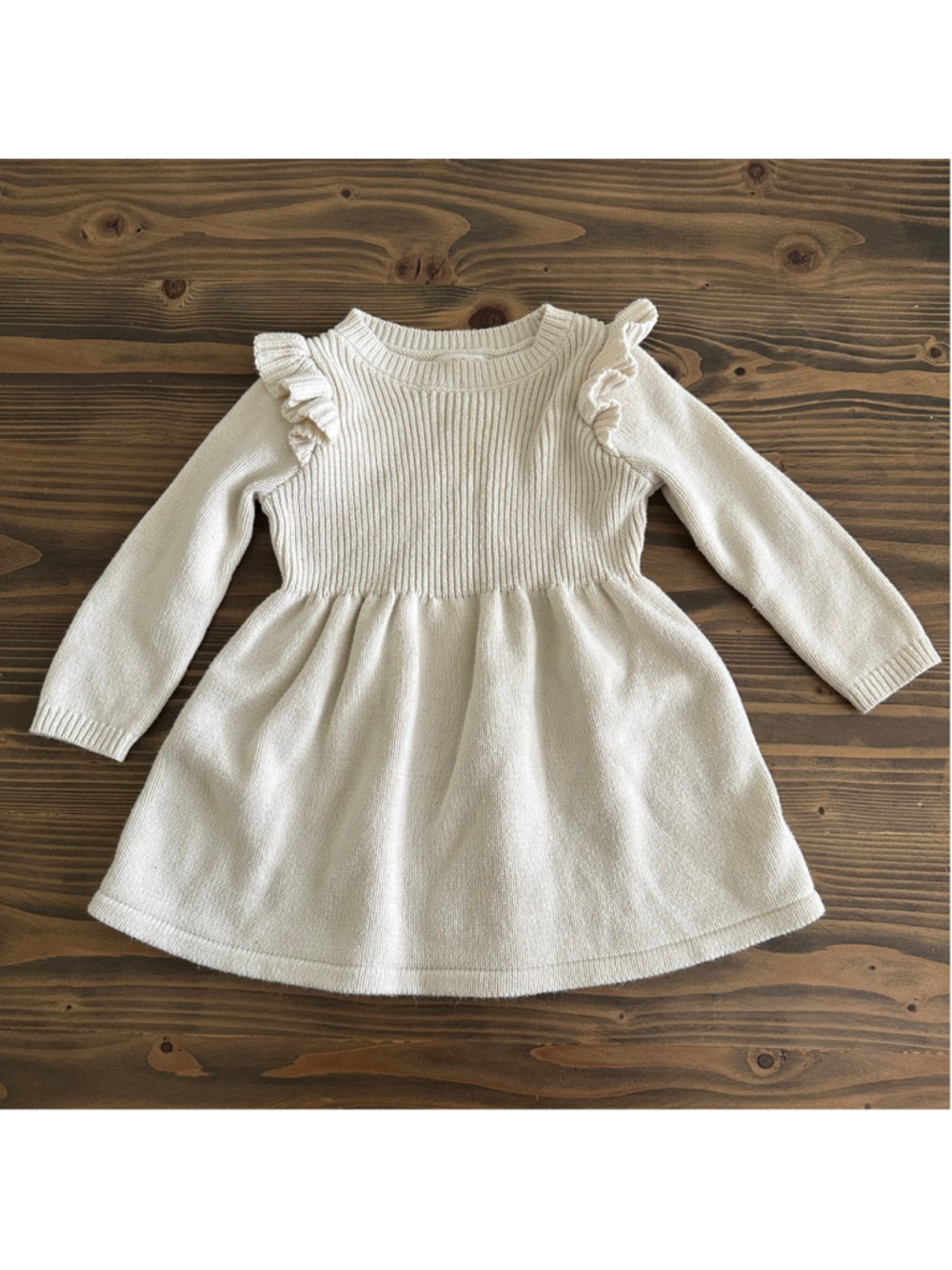 Cat & Jack Knit Dress 18M Beige Ruffle Long Sleeve Baby Girl Dress